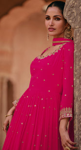 Designer Pink shaded pure georgette dress with detailed embroidery dress gown